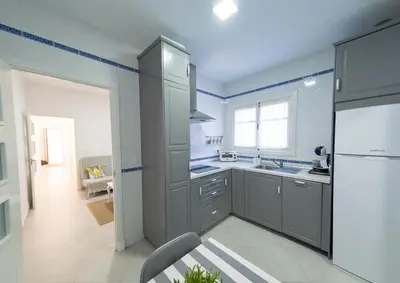 a kitchen with gray cabinets and a white refrigerator at Apartamento Centro Calle Plata in Sanlúcar de Barrameda