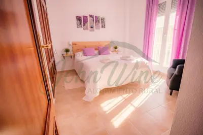 a bedroom with a bed in a room with a window at La casa de John Wine , Bornos (Spain) in Bornos