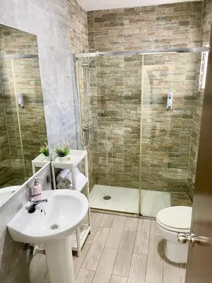 a bathroom with a shower and a sink and a toilet at Apartamentos turísticos en Jerez de la frontera in Jerez de la Frontera