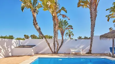 a villa with a swimming pool and palm trees at Chalet La Raya Conil de la Frontera by Ruralidays in Conil de la Frontera