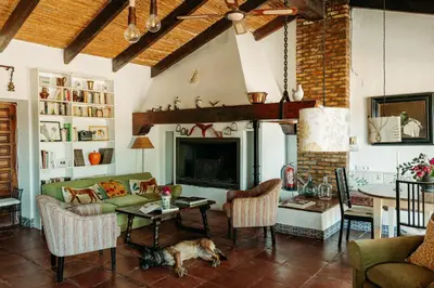 a living room with a dog laying on the floor at Dehesa de las Yeguas casa en finca privada con piscina y playa in Cádiz