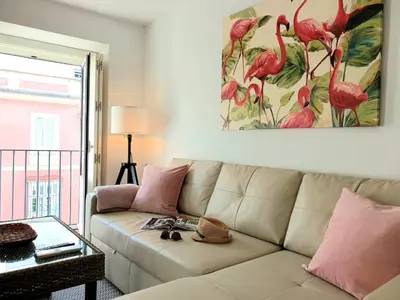 a living room with a couch with a picture of flamingos at Sherryflat C/Larga in Jerez de la Frontera