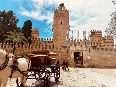a horse drawn carriage in front of a castle at JMC Apartamento CENTRO HISTÓRICO in El Puerto de Santa María