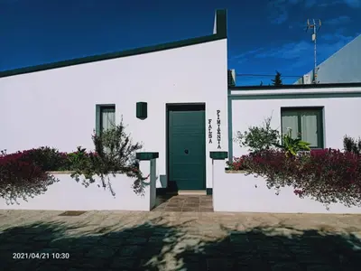 a white house with a green door and some flowers at Falsa Pimienta - Sólo Familias y Parejas in Conil de la Frontera