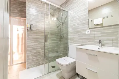 a bathroom with a shower and a toilet and a sink at Allo Apartments Plateros Centro Jacuzzi Comunitario in Jerez de la Frontera
