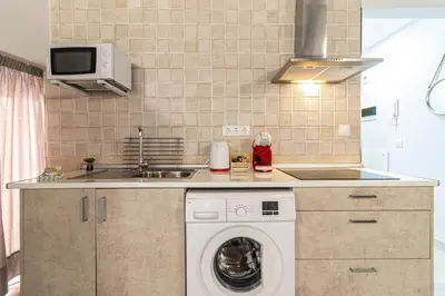 a kitchen with a washing machine and a sink at Allo Apartments Plateros Centro Jacuzzi Comunitario in Jerez de la Frontera
