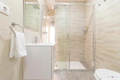 a bathroom with a shower with a toilet and a sink at Allo Apartments Plateros Centro Jacuzzi Comunitario in Jerez de la Frontera