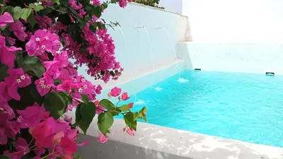 a pool with pink flowers next to a building at Villa Buganvillas, relax con piscina privada a pocos minutos de la Barrosa y Santi Petri in Chiclana de la Frontera