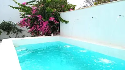 a swimming pool with blue water and pink flowers at Villa Buganvillas, relax con piscina privada a pocos minutos de la Barrosa y Santi Petri in Chiclana de la Frontera