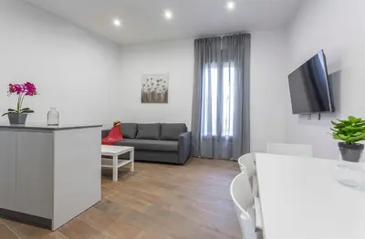 a living room with a couch and a tv at Doña Blanca Centro Diseño Minimalista in Jerez de la Frontera