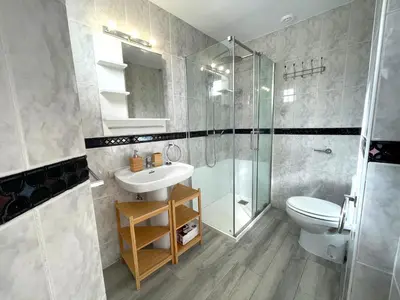 a bathroom with a sink and a shower and a toilet at El Ático de Botica in Cádiz
