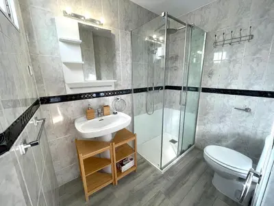a bathroom with a shower and a sink and a toilet at El Ático de Botica in Cádiz