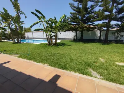 a view of a yard with a pool and trees at The Magic House in El Puerto de Santa María