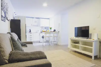 a living room with a couch and a tv and a kitchen at CDZ - Botica in Cádiz