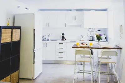 a kitchen with white cabinets and a black and white refrigerator at CDZ - Botica in Cádiz