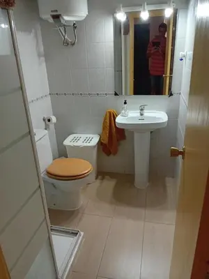 a bathroom with a toilet and a sink and a mirror at Apartamento Marina de la bahía in Puerto Real