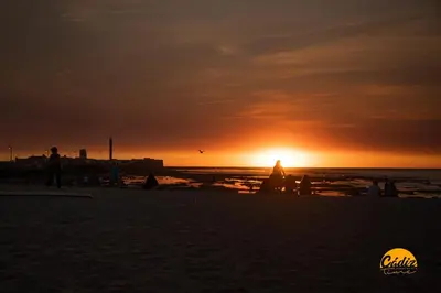 a group of people on a beach at sunset at Estudio Gaviota by Cadiz Time in Cádiz