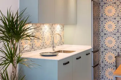 a kitchen with a sink and a plant at Sol de Sanlúcar Ático centro Parking incluido in Sanlúcar de Barrameda