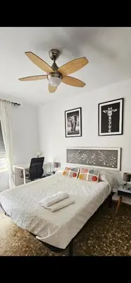 a bedroom with a bed with a ceiling fan at Apartamento Soplos de vida in Cádiz