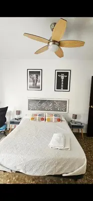 a bedroom with a bed with a ceiling fan at Apartamento Soplos de vida in Cádiz