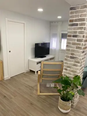 a living room with a couch and a chair and a fireplace at Playa Apartamento Lidia in Cádiz