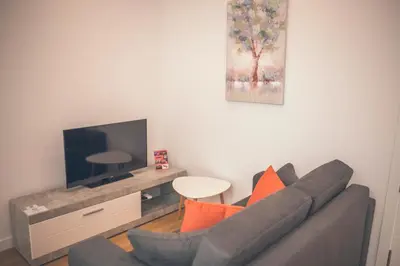a living room with a couch and a tv at Apartamentos Puerta Sevilla in Jerez de la Frontera