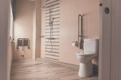 a bathroom with a toilet and a shower at Apartamentos Puerta Sevilla in Jerez de la Frontera