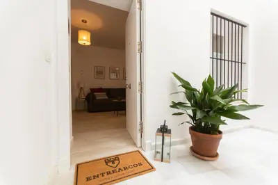 a rug on the floor in a hallway with a plant at ENTREARCOS in Cádiz