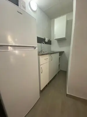 a small kitchen with a refrigerator and a sink at Apartamento La Flamencura in Jerez de la Frontera