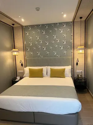 a bedroom with a large bed with birds on the wall at Soho Boutique Columela in Cádiz