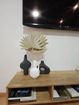 a table with two vases and a plant on it at La Terraza de Gades Little Apartments in Cádiz