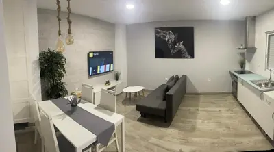 a living room with a couch and a table at apartamentos Bandera in Jerez de la Frontera