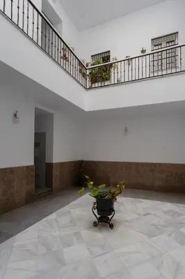 a large room with a pot of plants and stairs at Apartamentos El Capitan Veneno by Cadiz4Rentals in Cádiz