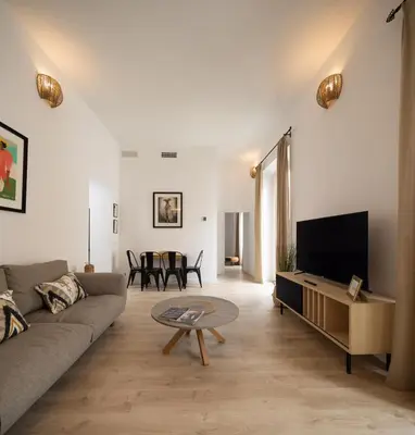 a living room with a couch and a tv at La Casa de Lima Little Apartments in Cádiz