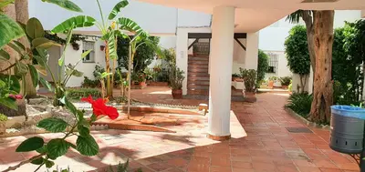 a house with a courtyard with a red flower at Apartamento a pie de playa La Barrosa in Chiclana de la Frontera