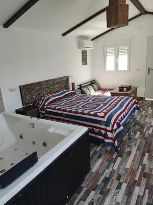a bedroom with a bed and a bath tub at Villa Bali con jacuzzi climatizado y piscina climatizada con jacuzzi in Chiclana de la Frontera