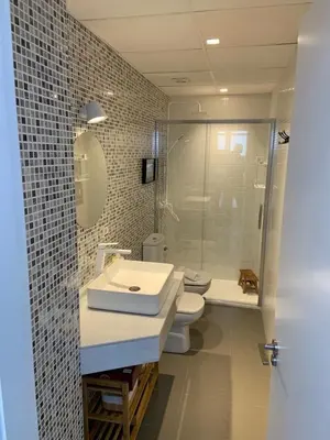 a bathroom with a sink and a shower and a toilet at el 2 de Flamenco Ático 3ºB in Cádiz