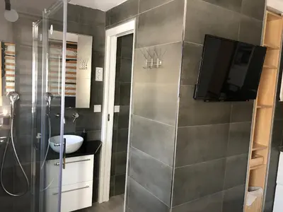 a bathroom with a shower and a sink and a television at Torredelfino in Jerez de la Frontera