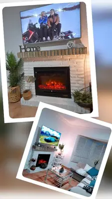 two pictures of a living room with a fireplace at Villa Lolera in Chiclana de la Frontera