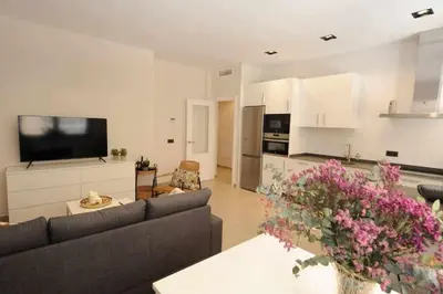 a living room with a couch and a tv in it at Estupendo Piso Nuevo en Playa Victoria in Cádiz