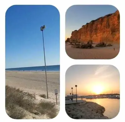 two pictures of a beach with a light pole on the beach at Villa Yoli 26 con Piscina y Jardin cerca de la Playa in Chiclana de la Frontera