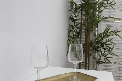 two wine glasses sitting on a table with a plant at Encanto de la Catedral Ha Loft in Cádiz