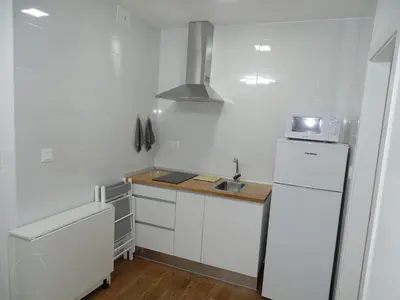 a white kitchen with a sink and a refrigerator at Casas jerezanas Loft Olivier in Jerez de la Frontera