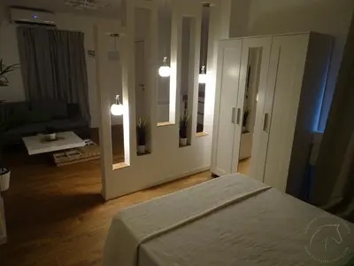 a room with a bed and a mirror at Casas jerezanas Loft Olivier in Jerez de la Frontera