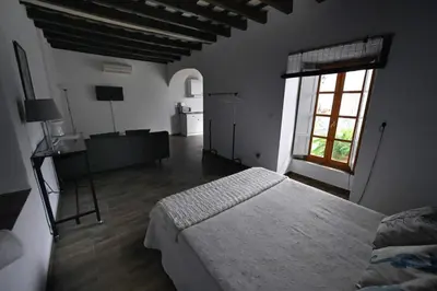 a bedroom with a bed and two windows at La Fuente Apartamento Jerez in Jerez de la Frontera
