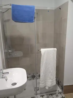 a bathroom with a sink and a shower with a towel at La Fuente Apartamento Jerez in Jerez de la Frontera