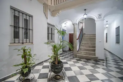 a hallway with potted plants on a checkered floor at Apartamento El Meridiano de Cadiz in Cádiz