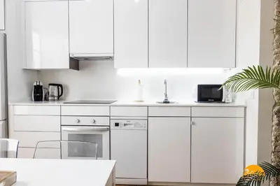 a white kitchen with white cabinets and a plant at Nature Home by Cadiz Time in Cádiz