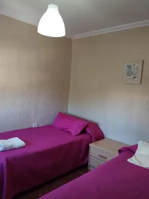two beds in a room with purple sheets at Cadiz Rented in Cádiz