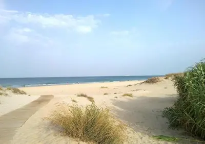 a sandy beach with people in the water and the ocean at APARTAMENTO EN URBANIZACIÓN AL-ÁNDALUs CERCA DE LA PLAYA DE LA BARROSA in Chiclana de la Frontera
